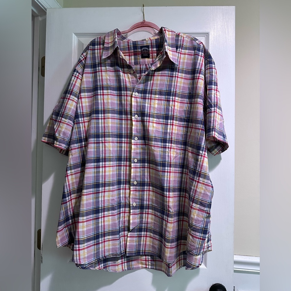 4XL Brooks Brothers Blue and Pink Plaid Short Sleeve Dress Shirt
